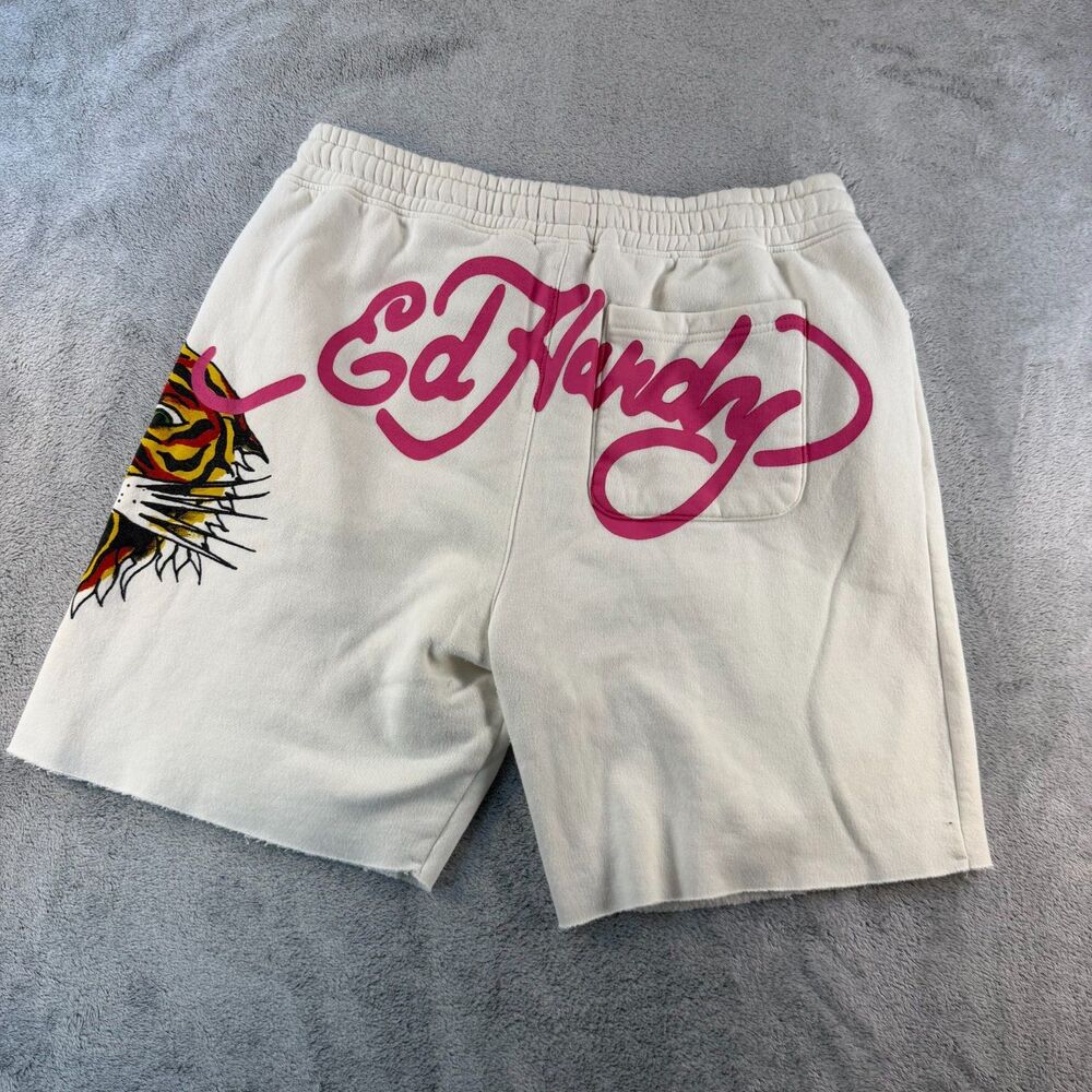 ED HARDY Screaming Tiger Tattoo Fleece Raw Hem Sweat Shorts Y2K Ivory Men’s Sz M